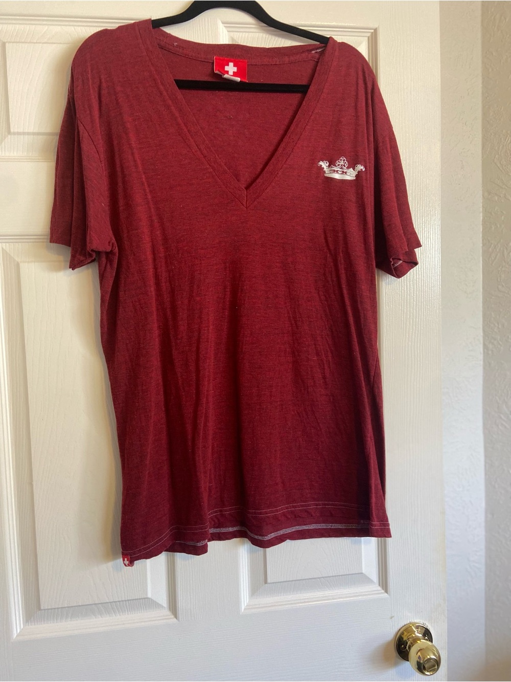 Andrew Christian Maroon V-Neck Tee with Crown Patch